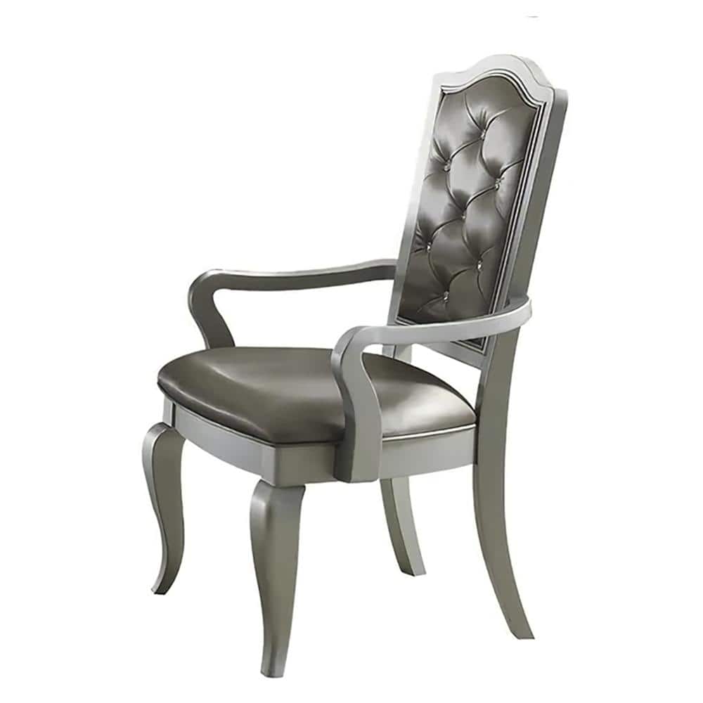 Gray Faux Leather and Wood Accent Chair with Tufted Back