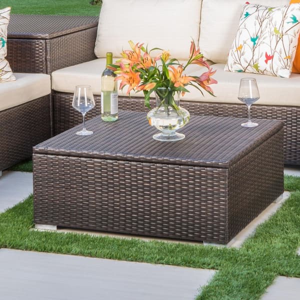 Brown Rectangular PE Wicker Rattan Outdoor Coffee Table with Storage
