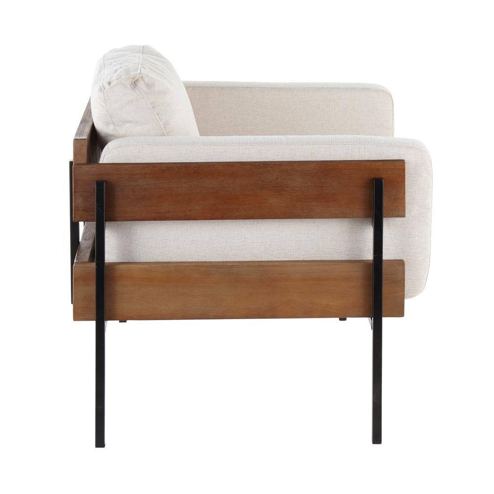 Cream Faux Leather Lawson Accent Chair with Brown Wood and Black Metal