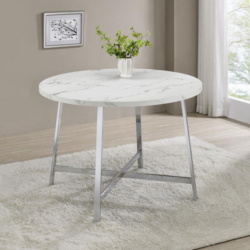 Round White Faux Marble and Chrome Dining Table