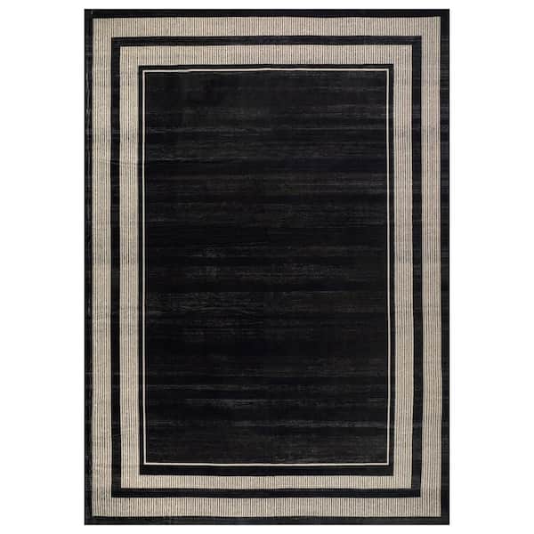 Striped Border Black Machine Washable Non-Slip Backing Area Rug 5' x 7' Black