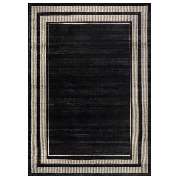 Striped Border Black Machine Washable Non-Slip Backing Area Rug 8' x 10' Black