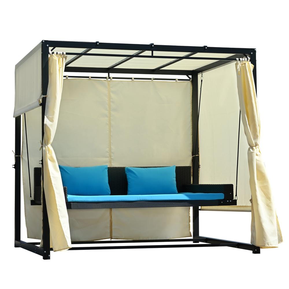 Polibi Metal Frame Outdoor Patio Swing Bed with Adjustable Curtains