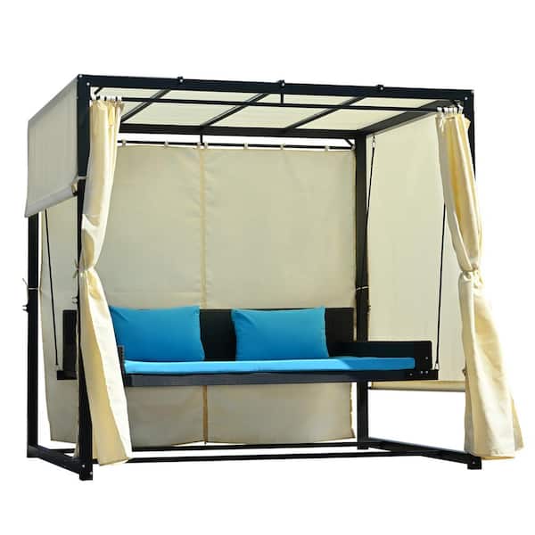 Polibi Metal Frame Outdoor Patio Swing Bed with Adjustable Curtains, Blue Cushions and Pillows