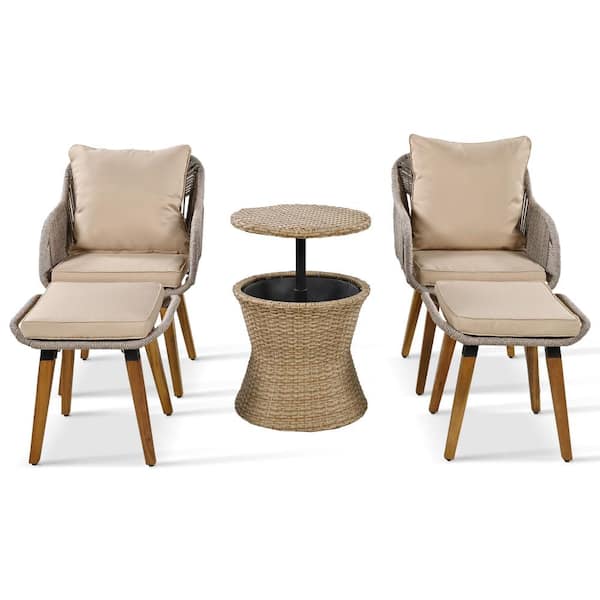 Tenleaf 5-Piece Wood Patio Conversation Set with Brown Cushions with Wicker Cool Bar Table, Ottomans
