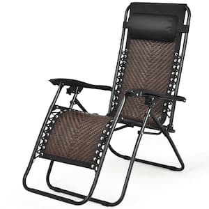 Brown Folding Recliner Rattan Zero Gravity Wicker Patio Lounge Chair with Headrest