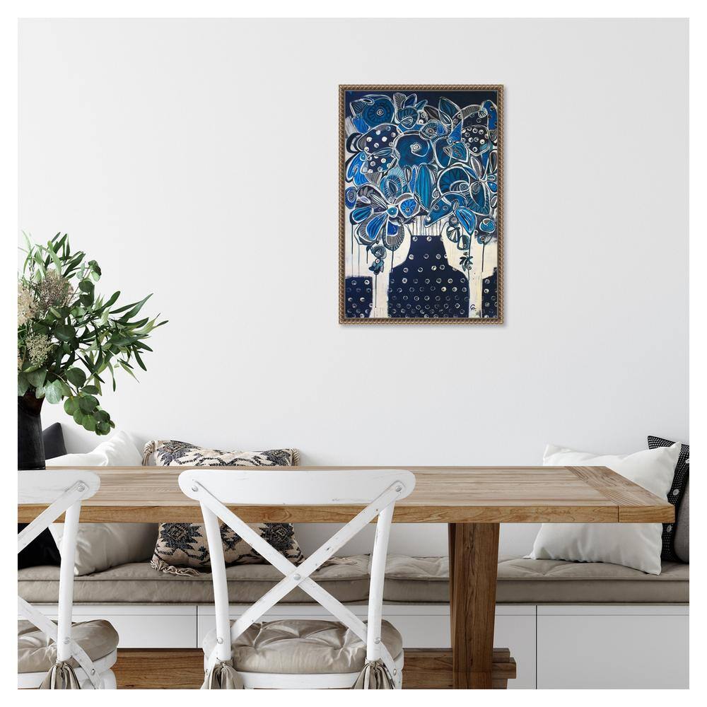 Indigo Floral Abstract Canvas Print with Bronze Floater Frame
