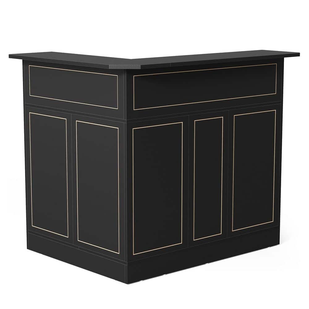 Front view of a black L-shaped home bar cabinet with gold-lined decorative panels.
