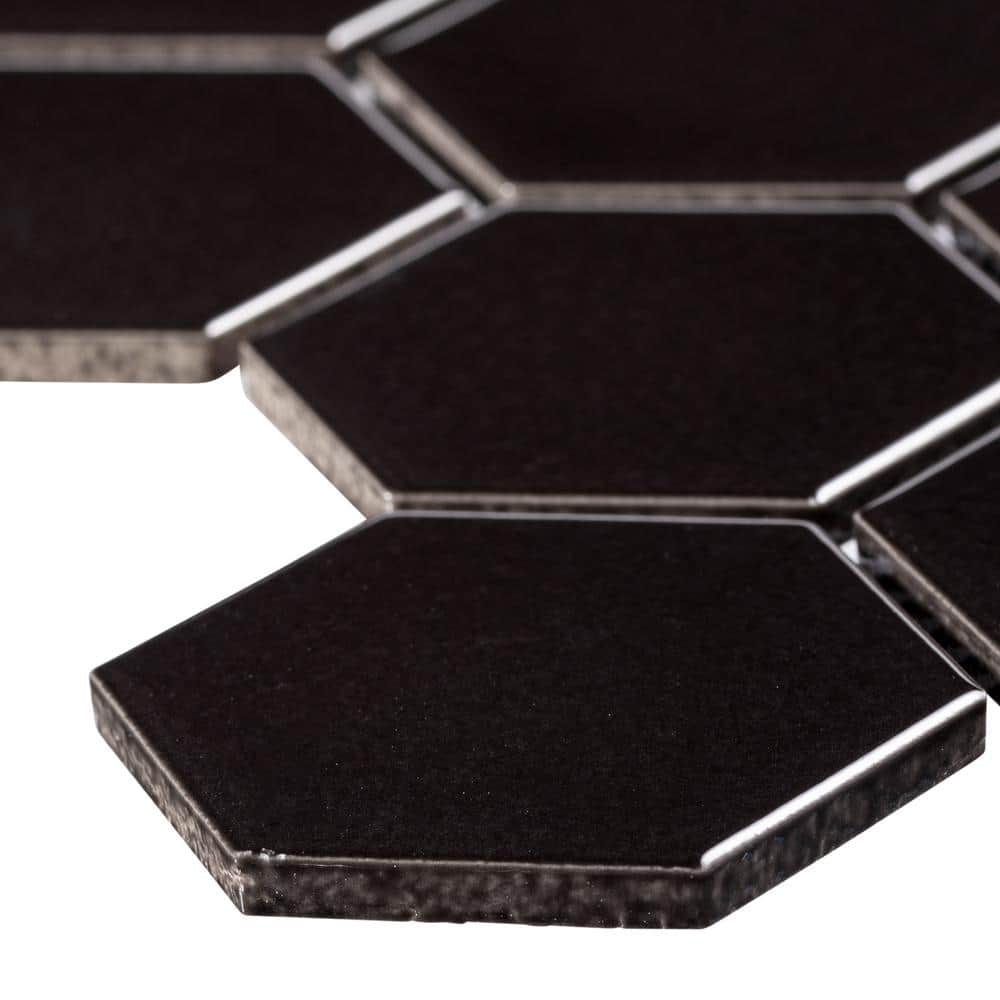 Stylish Hexagon 12.69 in. x 11 in. Glossy Starque Black Porcelain Marble Ti