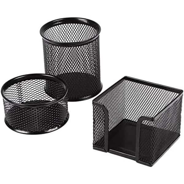 3 Piece Set Metal Mesh Pen Holder Organizer Black Desktop Cup Paperclip Memo Pad Holder for Office Desk