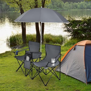 Portable Folding Gray Metal Picnic Double Chair With Umbrella Table Cooler Beach Camping