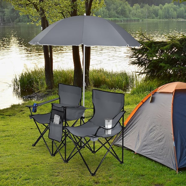 Portable Folding Gray Metal Picnic Double Chair With Umbrella Table Cooler Beach Camping