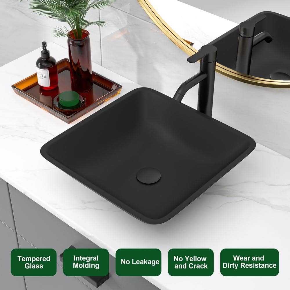 16.42 Inch Matte Black Glass Square Vessel Sink with Faucet