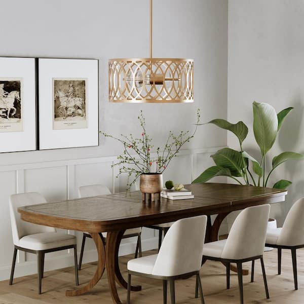 13 in. 2-Light Gold Modern Linear Pendant with Metal Drum Shade for Living Room, Kitchen, Foyer, No Bulbs Included