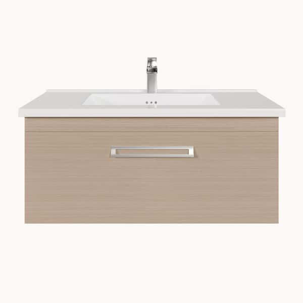 Orleans 38 in. Single Sink Floating Light Oak Bath Vanity with White Porcelain Top (Assembled)