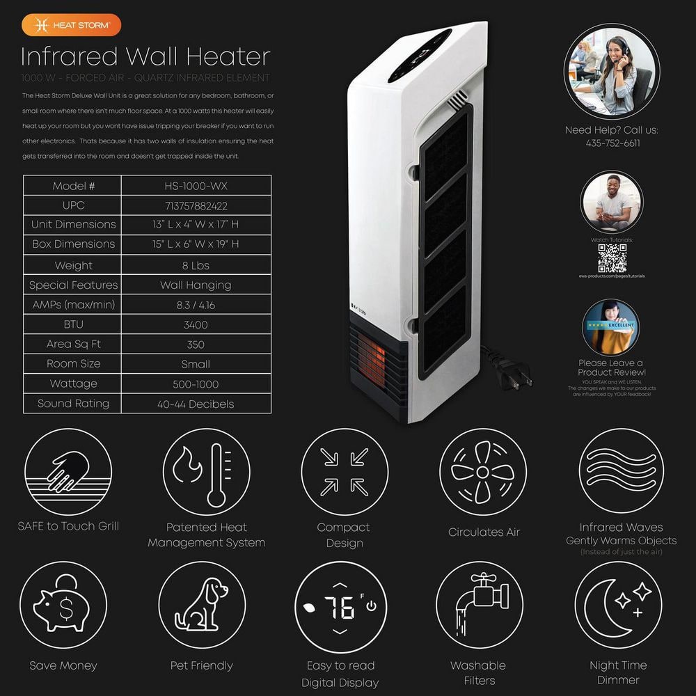 White Infrared Wall-Mounted Heater with Thermostat and Remote