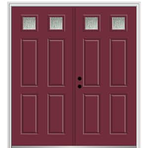 64 in. x 80 in. Right-Hand Inswing Rain Glass Burgundy Fiberglass Prehung Front Door on 4-9/16 in. Frame