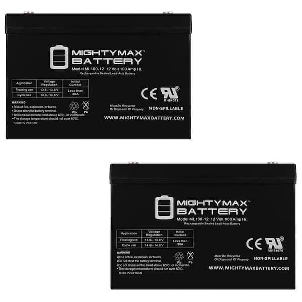 MIGHTY MAX BATTERY ML100-12 - 12 Volt 100 AH, Internal Thread (INT) Terminal, Rechargeable SLA AGM Battery - Pack of 2
