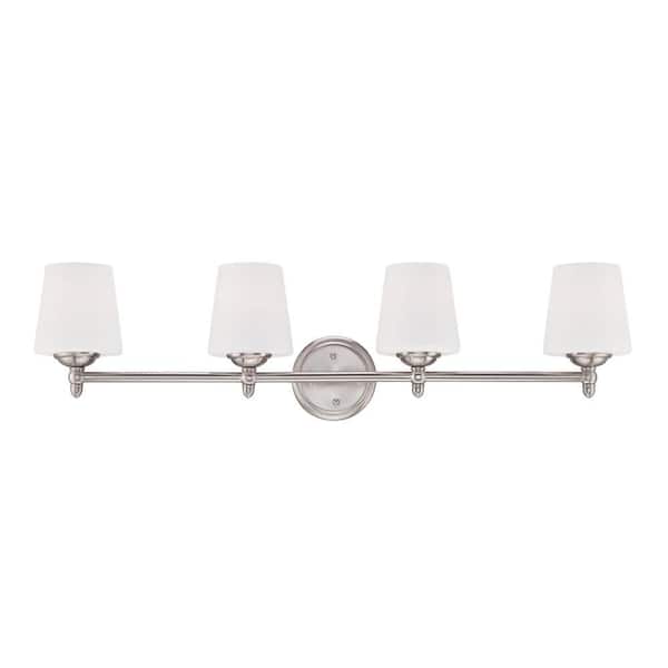 Darcy 36 in. 4-Light Brushed Nickel Transitional Vanity Light with White Opal Glass Shades
