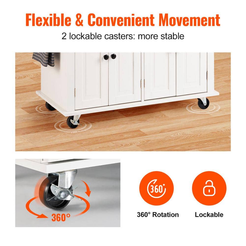 White Rubberwood Drop Leaf Kitchen Cart with Spice Rack