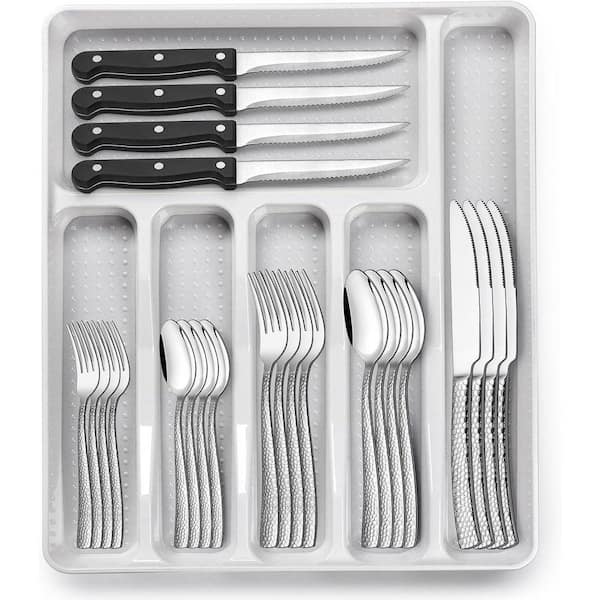 49-Piece Silver Heavy Duty Stainless Steel Kitchen Hammered Flatware Cutlery Set with Organizer (Service for 8)