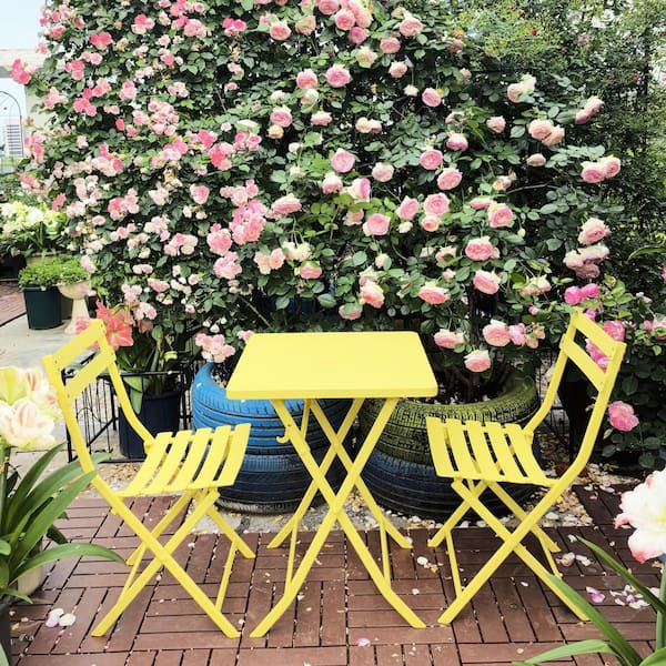 Runesay 3-Piece Metal Outdoor Bistro Set with Foldable Square Table and Chairs, Yellow
