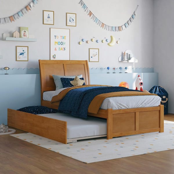 AFI Portland Light Toffee Natural Bronze Solid Wood Frame Twin Platform Bed with Footboard and Twin Trundle