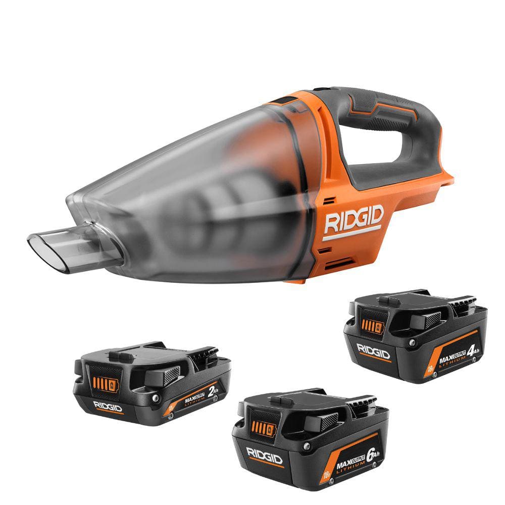 RIDGID 18V Lithium-Ion MAX Output 6.0 Ah, MAX Output 4.0 Ah, and MAX Output 2.0 Ah Batteries w/ Hand Held Vacuum -  840024608609021