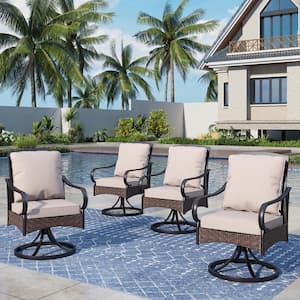Swivel Rockers Metal and Wicker Outdoor Dining Chair with Beige Cushions (4-Pack)