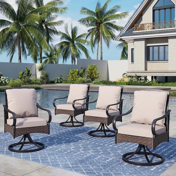 PHI VILLA Swivel Rockers Metal and Wicker Outdoor Dining Chair with Beige Cushions (4-Pack)