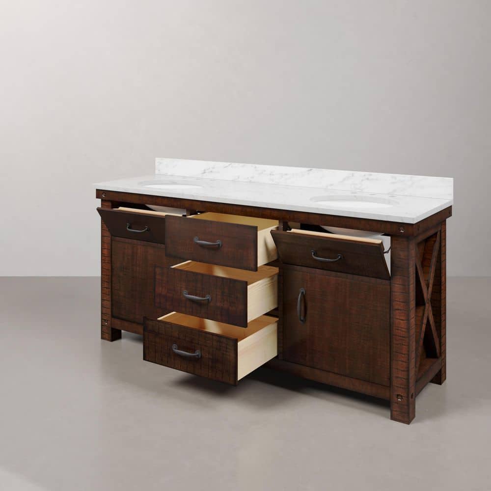 Aberdeen 72" Double Sink Rustic Sierra Vanity with Carrara White Marble Top