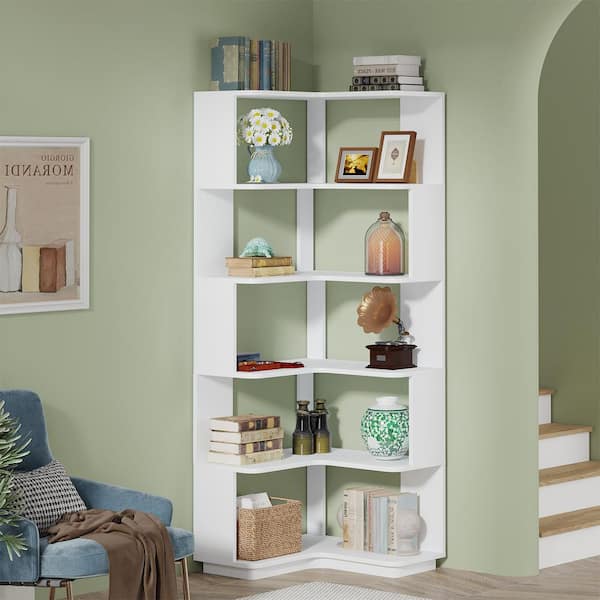BYBLIGHT 65 in. Tall White Engineered Wood 6-Shelf Corner Bookcase