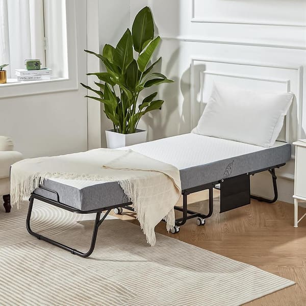 VEIKOUS Gray Twin Folding Bed Rollaway Bed with Mattress and Metal Frame