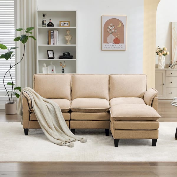 JEAREY 75.59 in. W Modern Velvet Linen Double-Layer Cushion Sectional Sofa with Ottoman in. Yellow