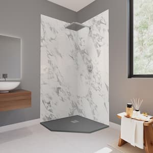 Corner Neo 37 in. L x 37 in. W x 84 in. H Solid Composite Stone Shower Kit w/ Carrara Walls and Graphite Shower Pan Base