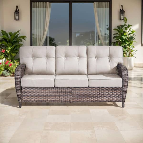 TWrap Brown Wicker Outdoor 3-Seat Couch with T-Shaped Back and 5 in. Thick Beige Box-Edge Cushions