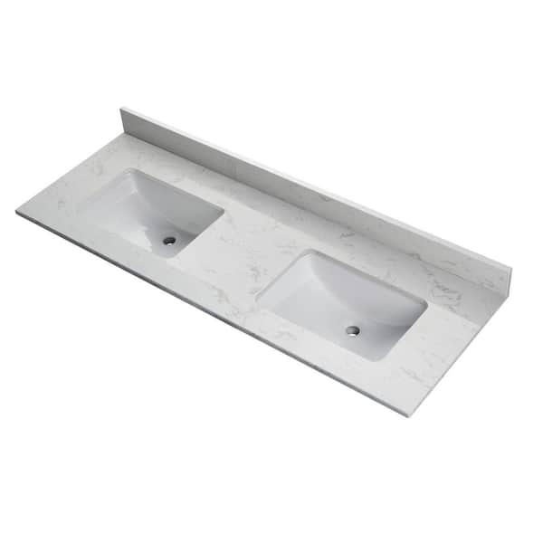 Amore 61 in. W x 22 in. D Engineered Stone Composite Vanity Top in Carrara White with White Rectangular Double Sink