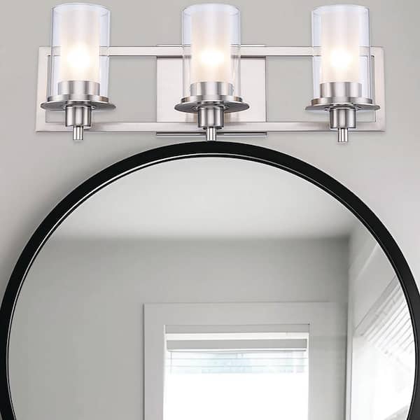 Brighton 22 in. 3-Light Brushed Nickel Bathroom Vanity Light Fixture with Frosted Inner Glass and Clear Outer Glass
