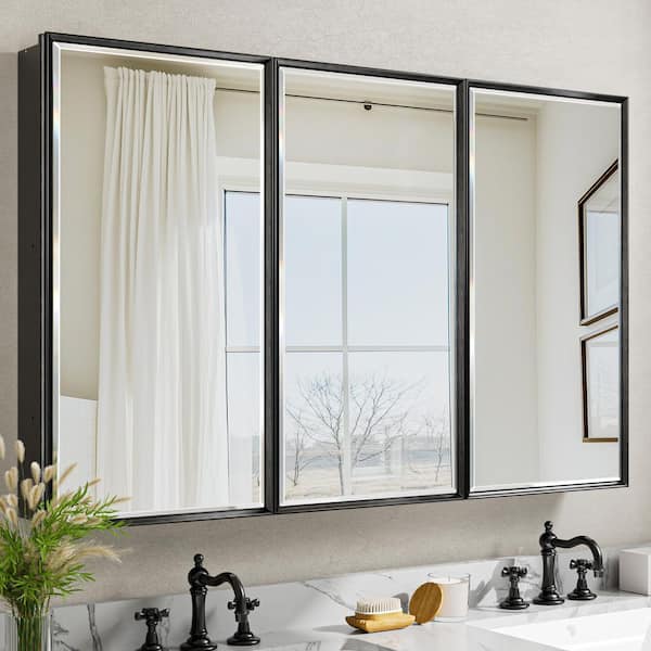 QueenFun Musey 48 in W x 30 in H Black Rectangular Aluminum Medicine Cabinet with Beveled Mirror and Shelves, Recessed or Surface