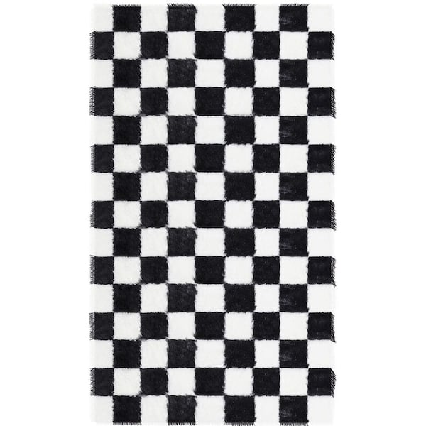 Checkerboard Shag Black/White 4 ft. x 6 ft. Checkered Area Rug