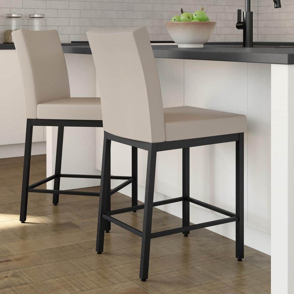 Cream Faux Leather and Black Metal Bar Stool, 30" Height