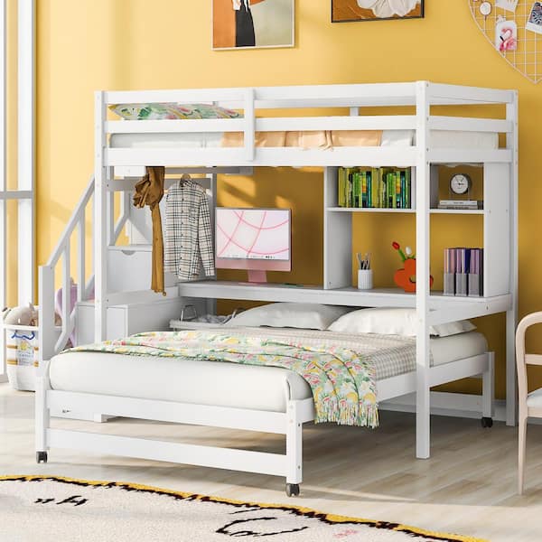 Polibi Twin Over Full Bunk Bed with Storage Staircase, Desk, Shelves and Hanger for Clothes, White