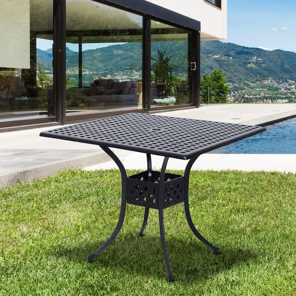36 in. x 36 in. Square Metal Outdoor Patio Bistro Dining Table with Center Umbrella Hole and Cast Iron Stylish Design