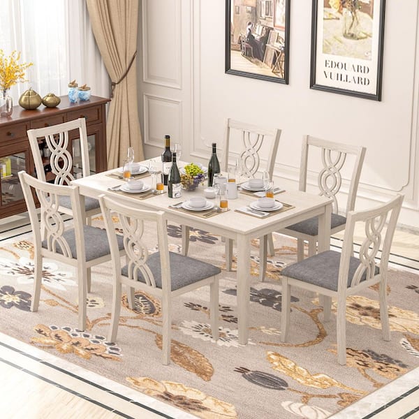 VECELO 7-Piece Wood Top Gray Dining Table Set with Infinity Back Chairs and Upholstered Seats Farmhouse Kitchen Table Set for 6