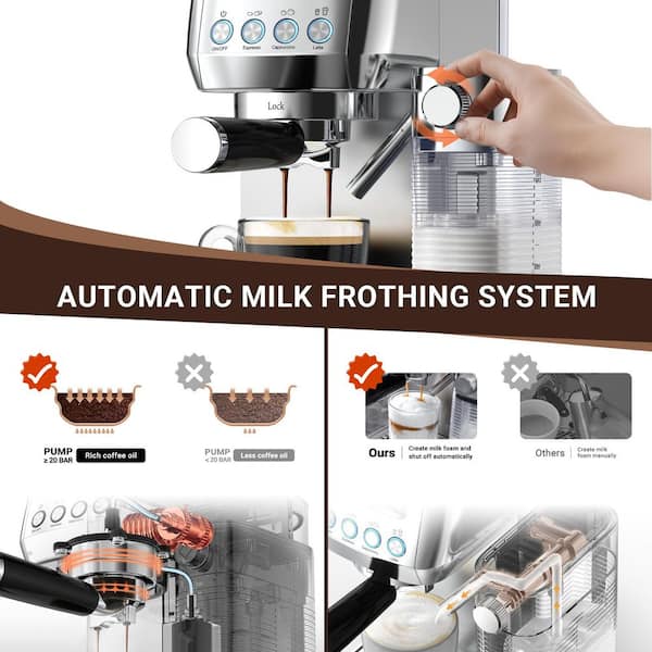 amzchef 14-Cup Espresso Machine, 20-Bar 2-in-1 Grinder and Coffee Maker in Stainless Steel, Upgraded Automatic Milk Frother