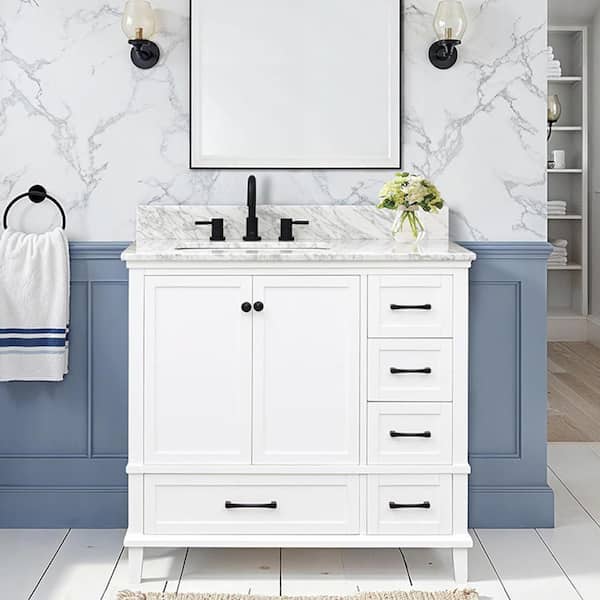 Merryfield 37 in. Single Sink White Bath Vanity with White Carrara Marble Top (Assembled)