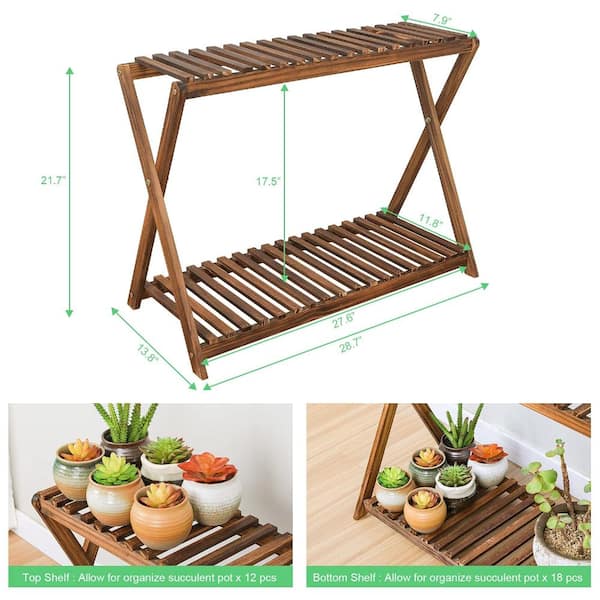 28.7 in Pine Wood 2 Tier Plant Stand X Cross Carbonized Color