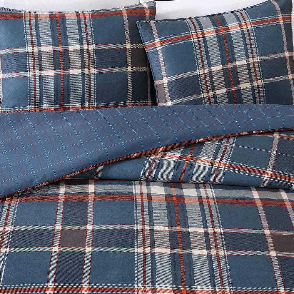 Navy Blue Plaid Microfiber Full/Queen Duvet Cover Set
