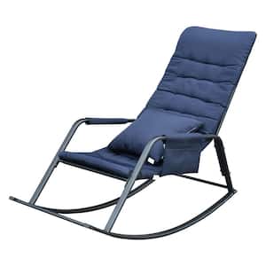 Garden Ergonomic Metal Outdoor Rocking Chair with Blue Cushion