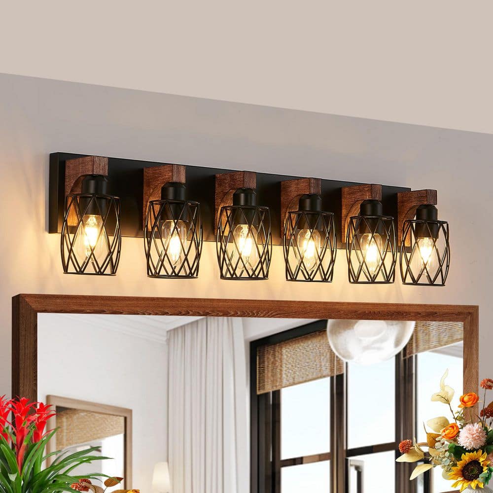 38 in. 6-Light Black Vanity Light with Wooden Accents and Cage Shades price history on PriceWatchPro